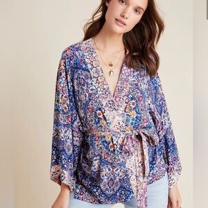 Anthropologie Blue and Pink Floral Kimono Top